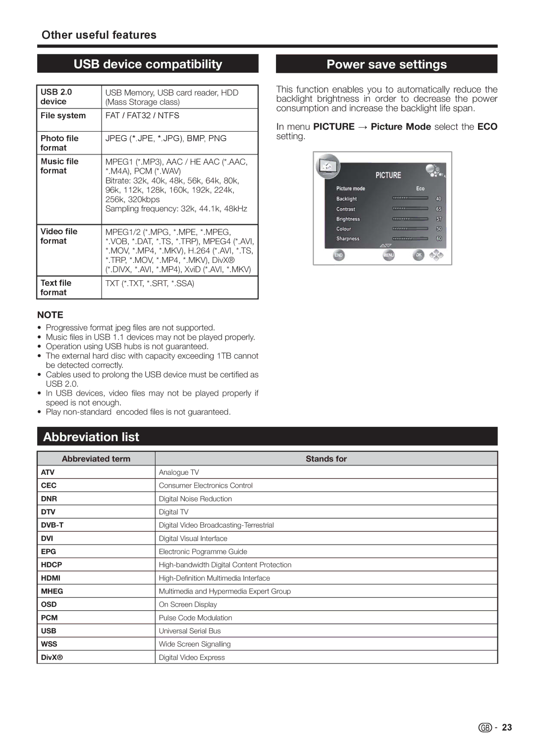 Sharp LC-32FH510E, LC-32FH500E USB device compatibility, Power save settings, Abbreviation list, Other useful features 