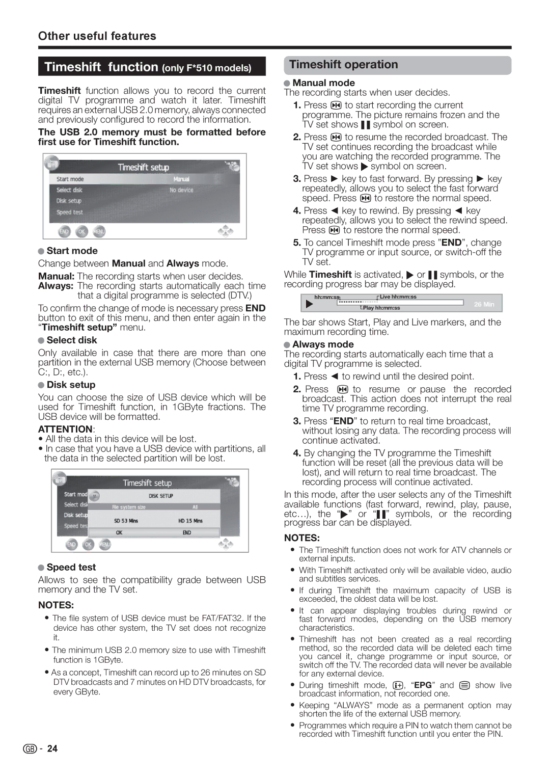 Sharp LC-32FH500E, LC-32FH510E operation manual Timeshift function only F*510 models, Timeshift operation 