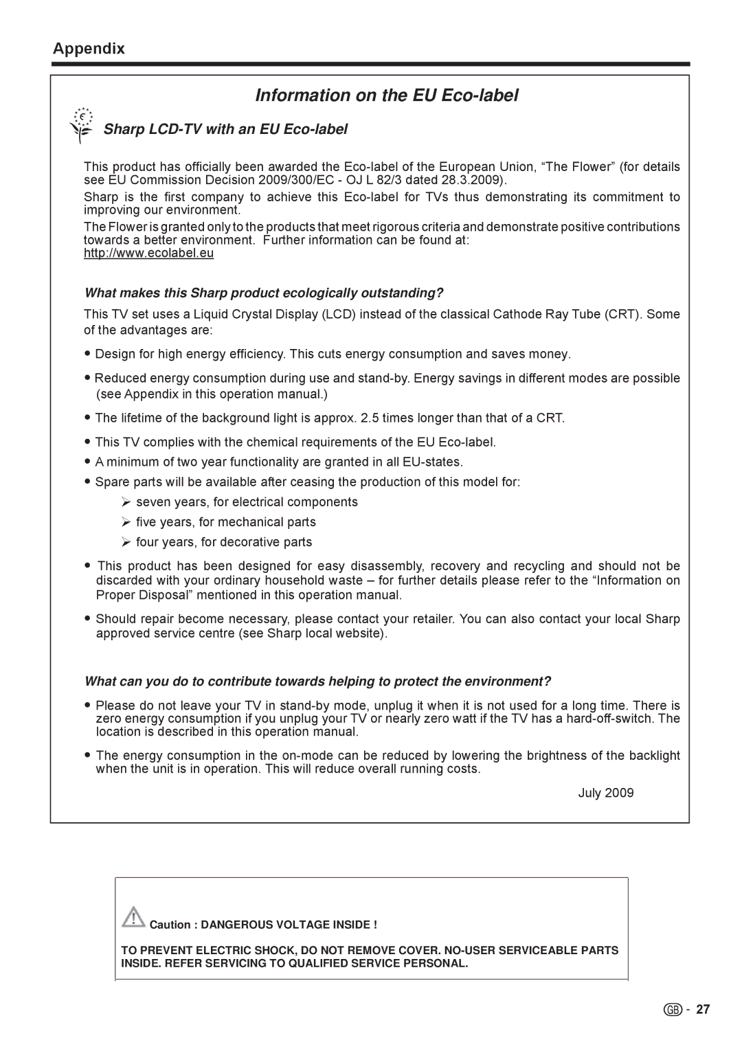 Sharp LC-32FH510E, LC-32FH500E operation manual Information on the EU Eco-label 