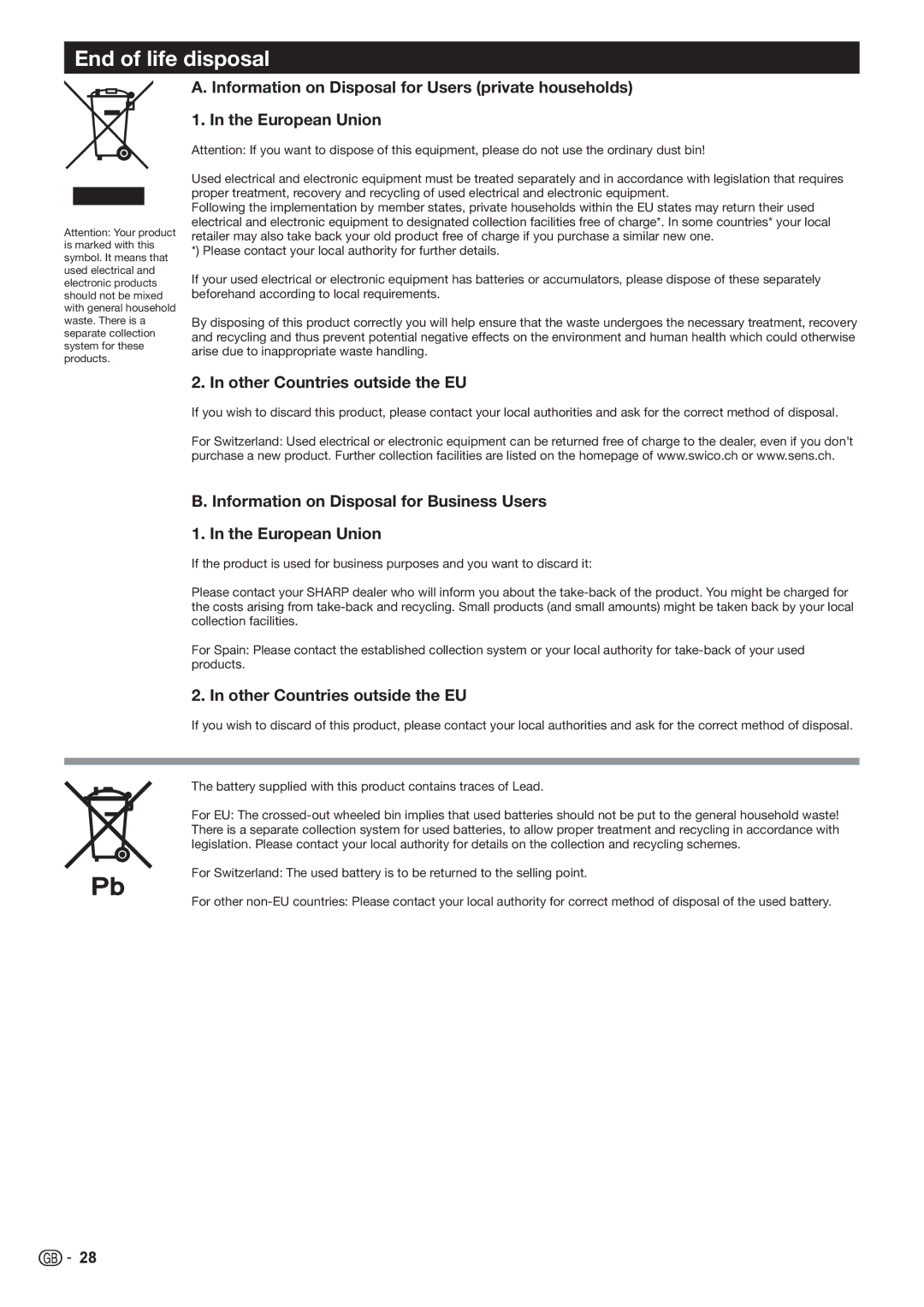 Sharp LC-32FH500E, LC-32FH510E operation manual End of life disposal, Other Countries outside the EU 