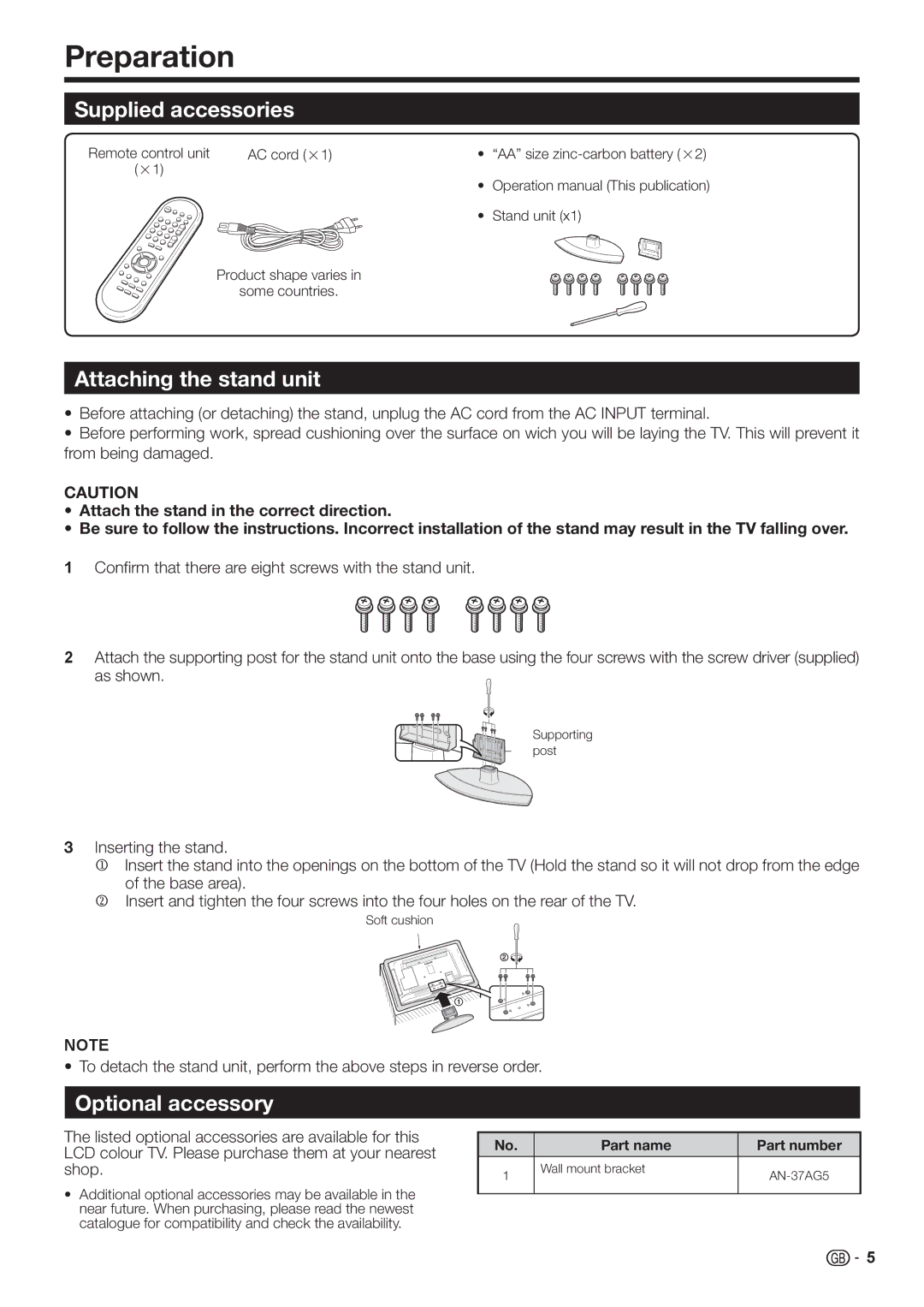 Sharp LC-32FH510E, LC-32FH500E Preparation, Supplied accessories, Attaching the stand unit, Optional accessory 