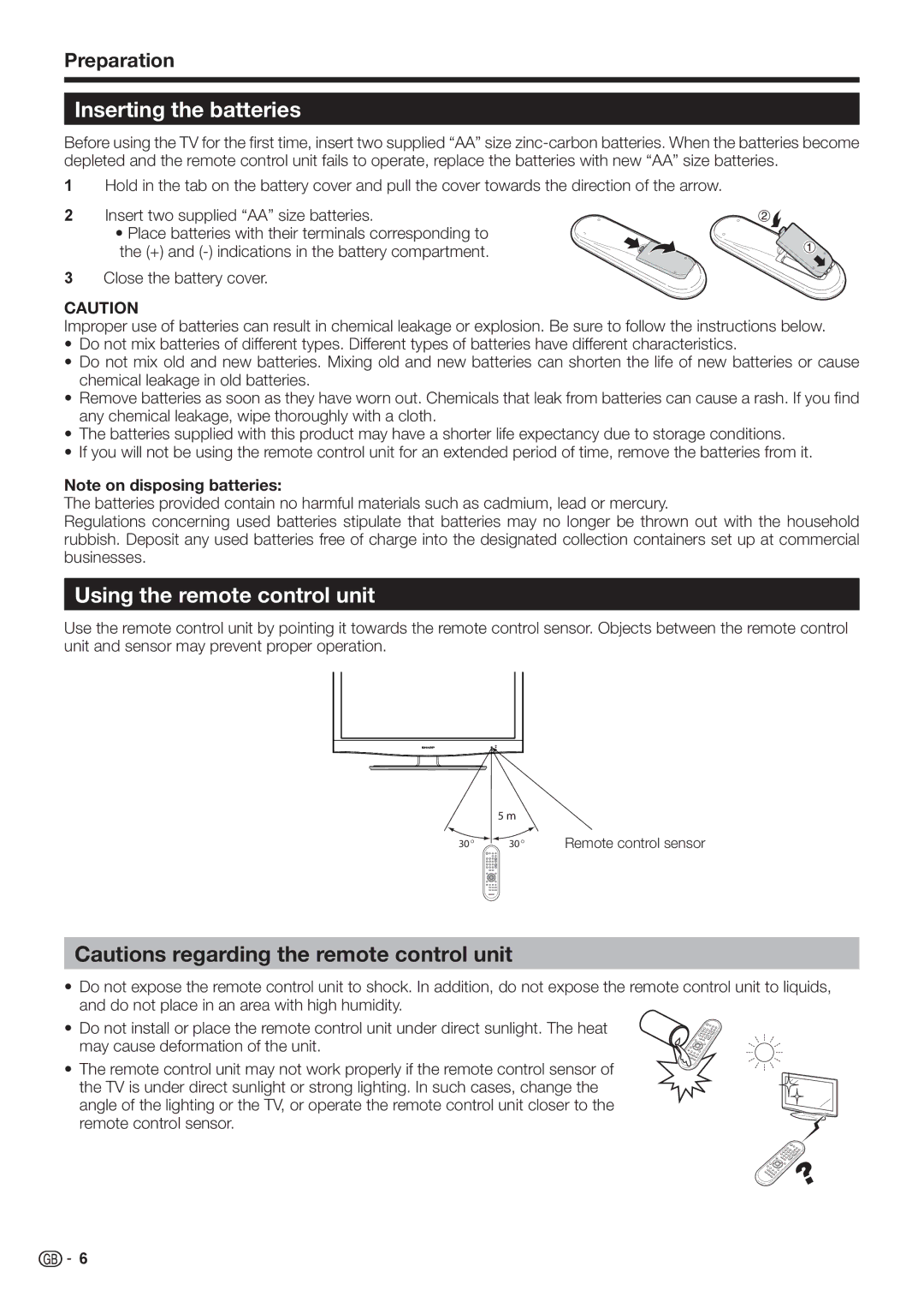 Sharp LC-32FH500E, LC-32FH510E operation manual Inserting the batteries, Using the remote control unit, Preparation 