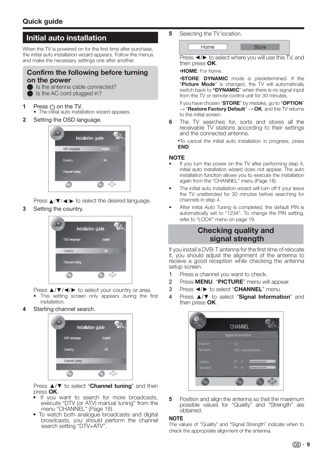 Sharp LC-32FH510E, LC-32FH500E operation manual Initial auto installation, Confirm the following before turning on the power 