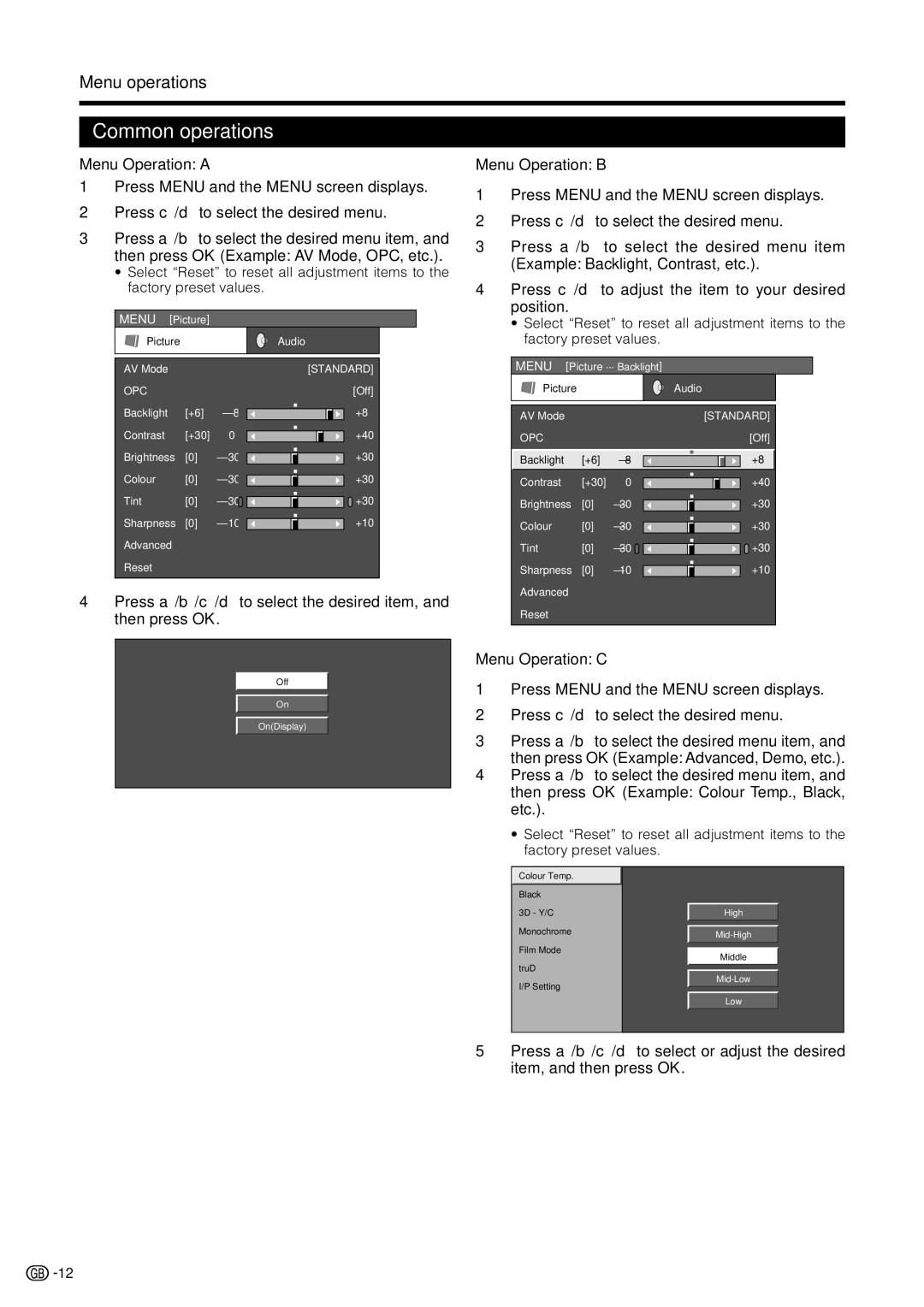 Sharp LC 32GD9E operation manual Common operations, Menu operations, Menu Operation a, Menu Operation B, Menu Operation C 