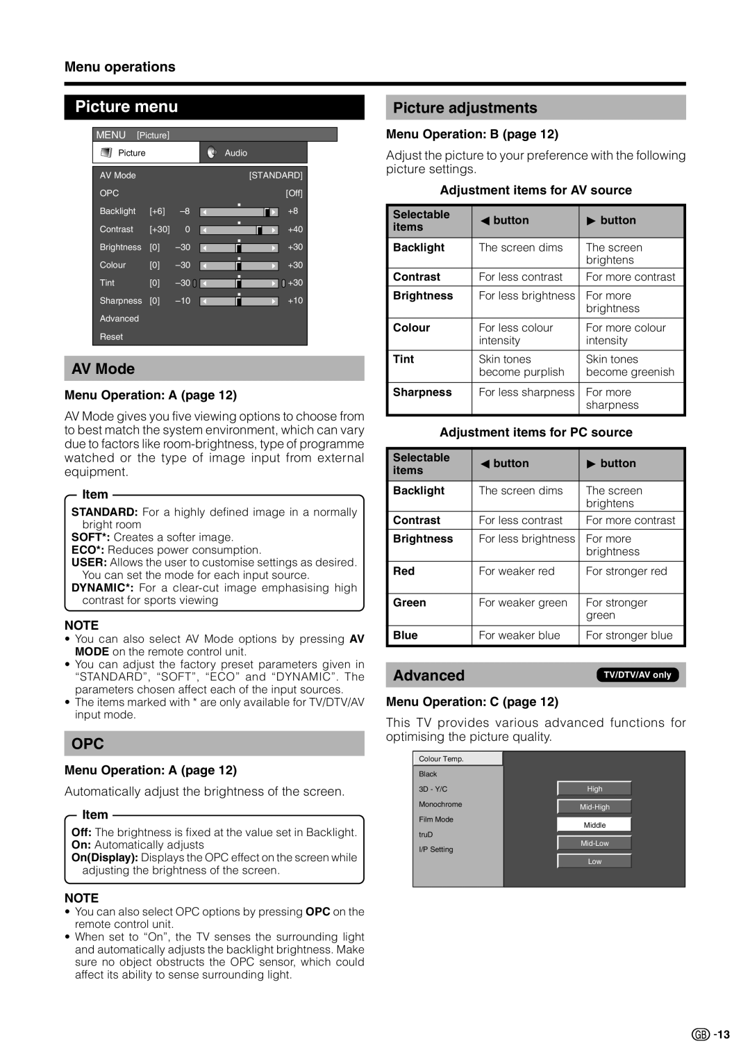 Sharp LC 32GD9E operation manual Picture menu, AV Mode, Picture adjustments, Advanced 