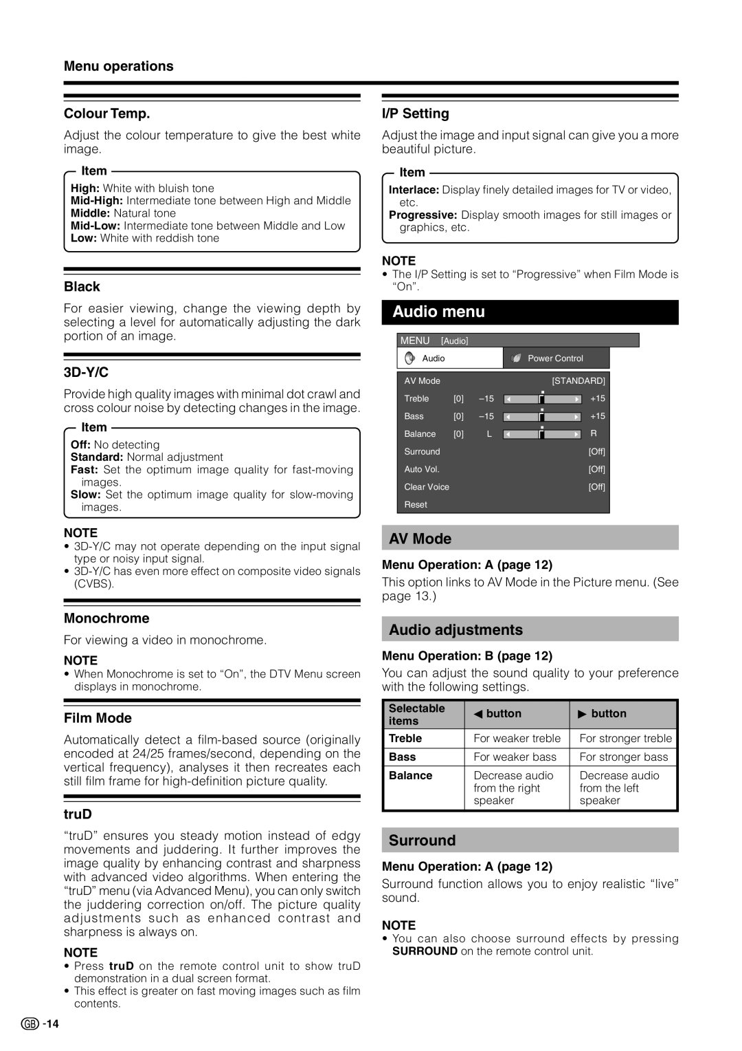 Sharp LC 32GD9E operation manual Audio menu, Audio adjustments, Surround 