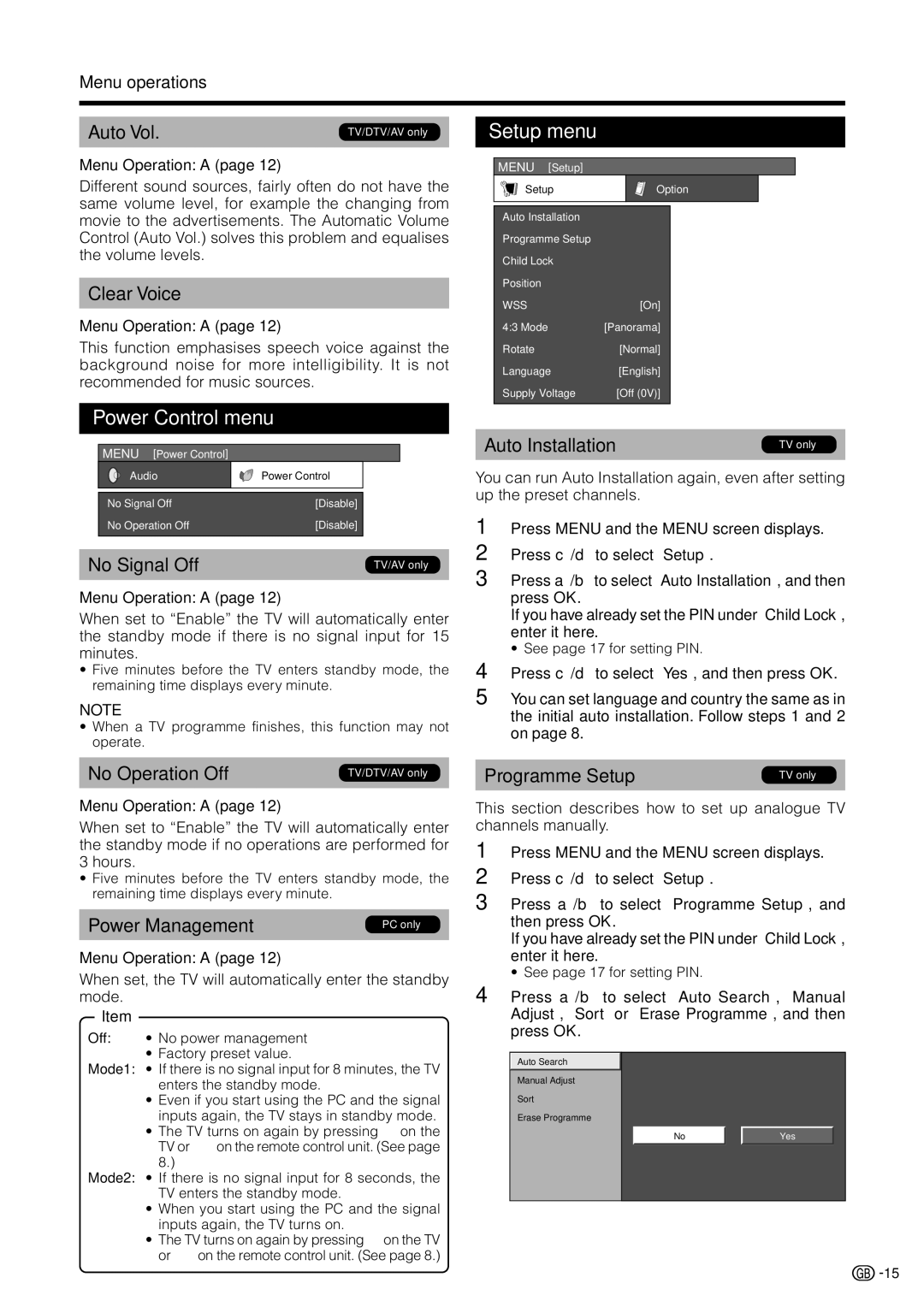 Sharp LC 32GD9E Power Control menu, Setup menu, Clear Voice, When set, the TV will automatically enter the standby mode 