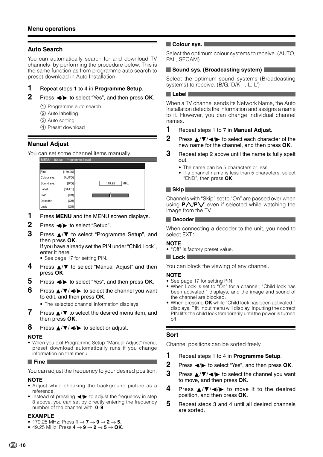 Sharp LC 32GD9E operation manual Menu operations Auto Search, Manual Adjust, Sort 