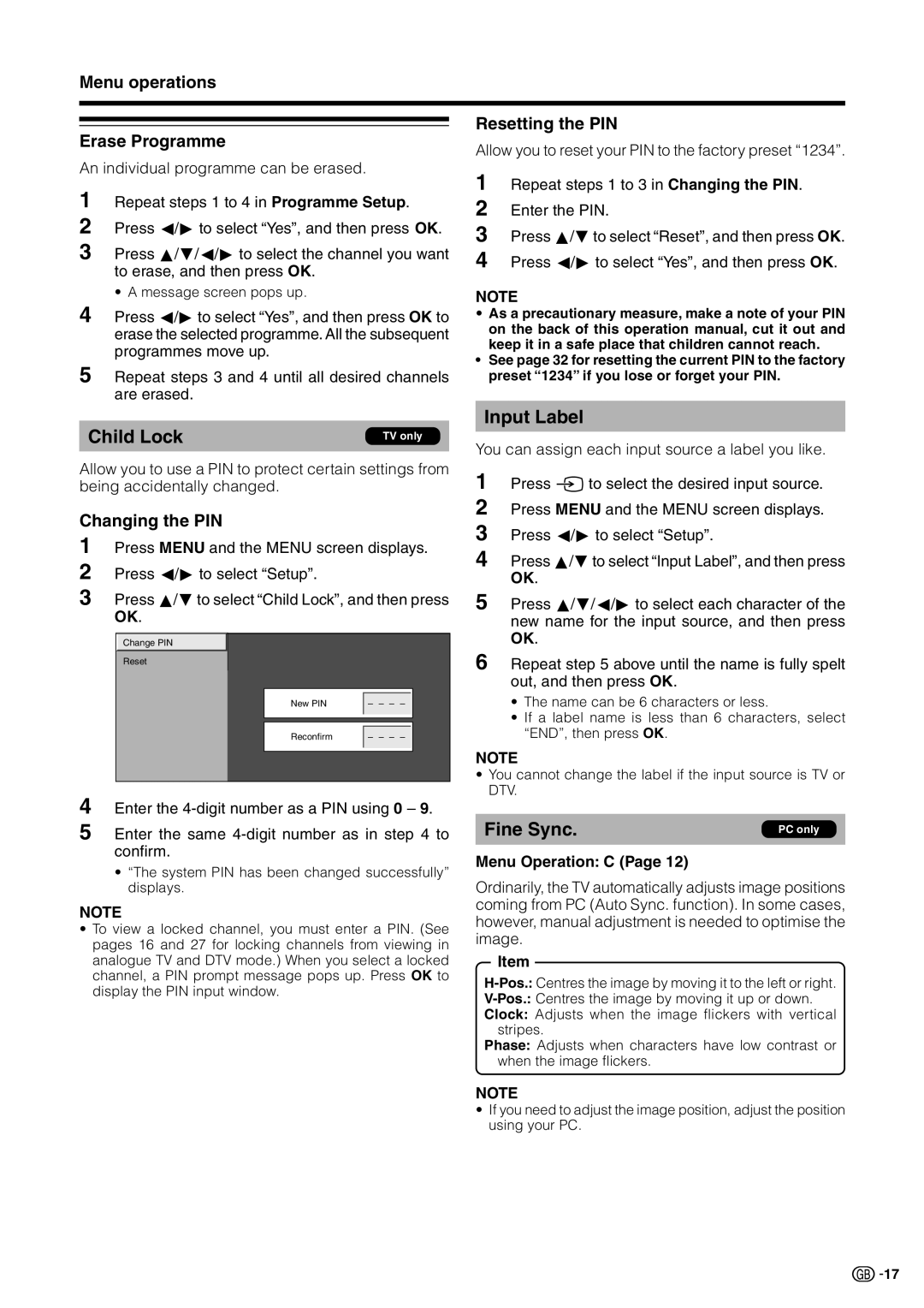 Sharp LC 32GD9E operation manual Input Label, Menu operations Erase Programme, Resetting the PIN, Changing the PIN 