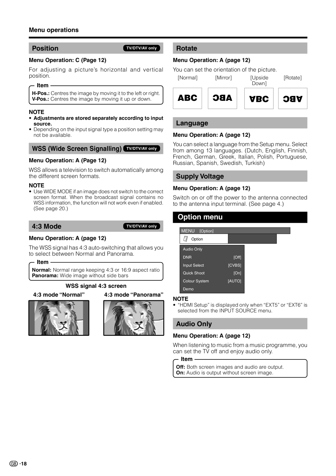 Sharp LC 32GD9E operation manual Option menu 