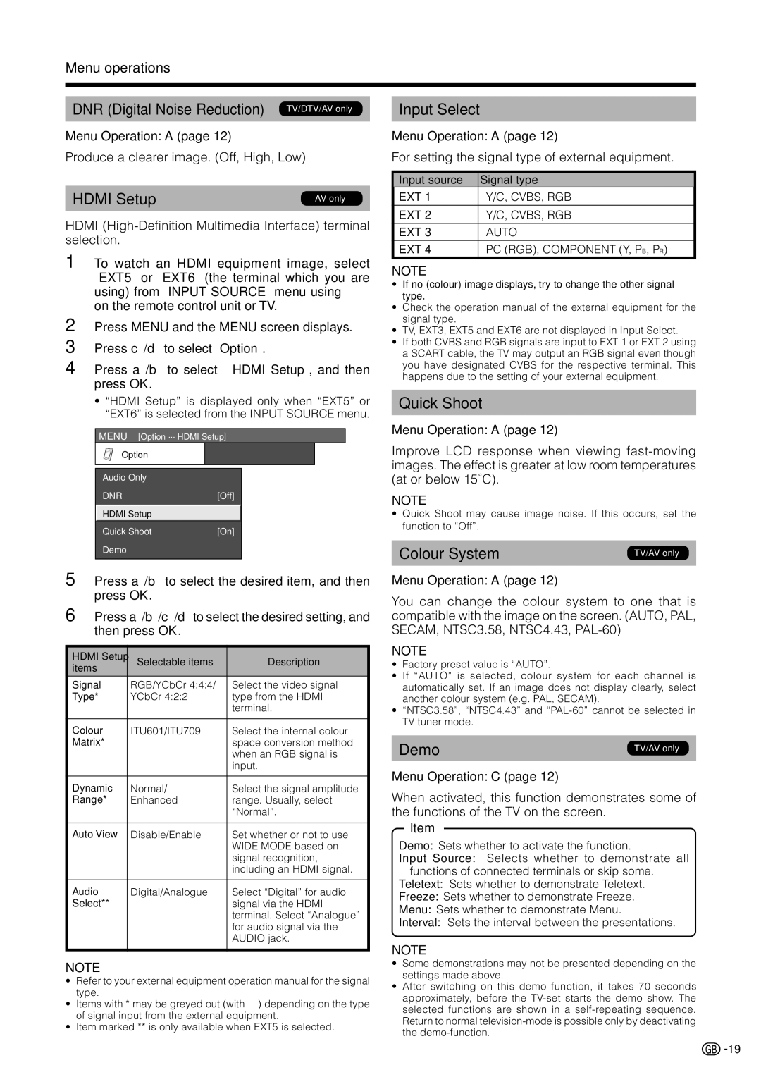 Sharp LC 32GD9E operation manual DNR Digital Noise Reduction TV/DTV/AV only, Input Select, Quick Shoot 