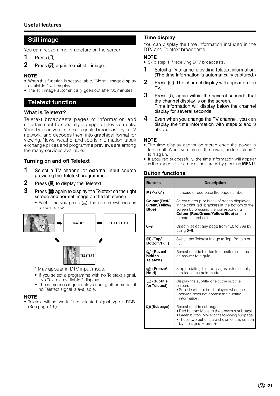 Sharp LC 32GD9E operation manual Still image, Teletext function 