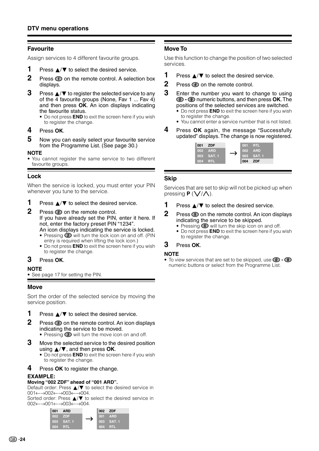 Sharp LC 32GD9E operation manual DTV menu operations Favourite, Move To, Skip, Press OK to register the change 