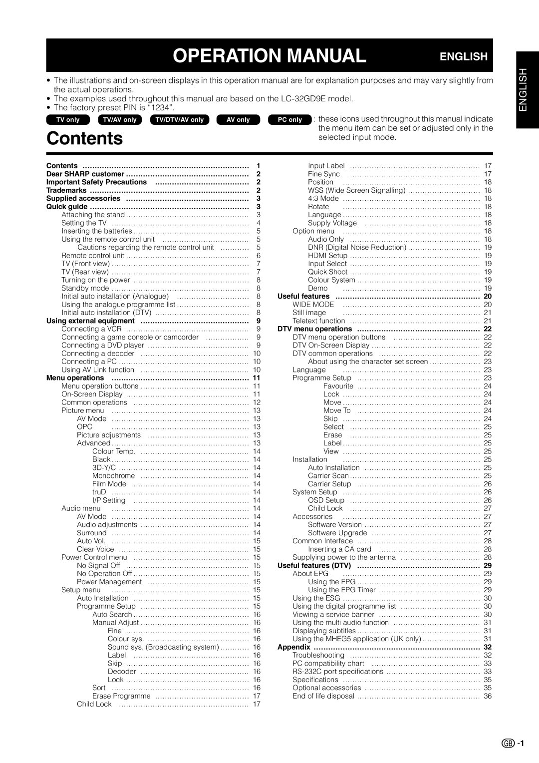 Sharp LC 32GD9E operation manual Contents 