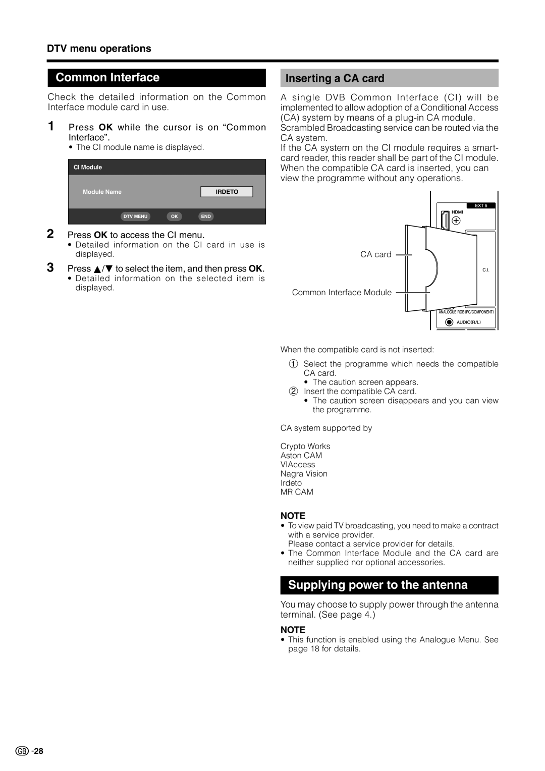 Sharp LC 32GD9E Common Interface, Supplying power to the antenna, Inserting a CA card, Press OK to access the CI menu 