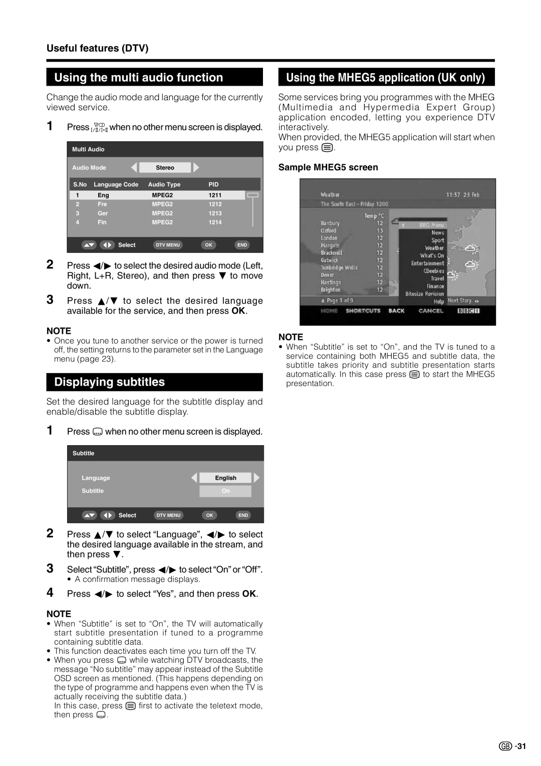 Sharp LC 32GD9E operation manual Using the multi audio function, Displaying subtitles, Using the MHEG5 application UK only 