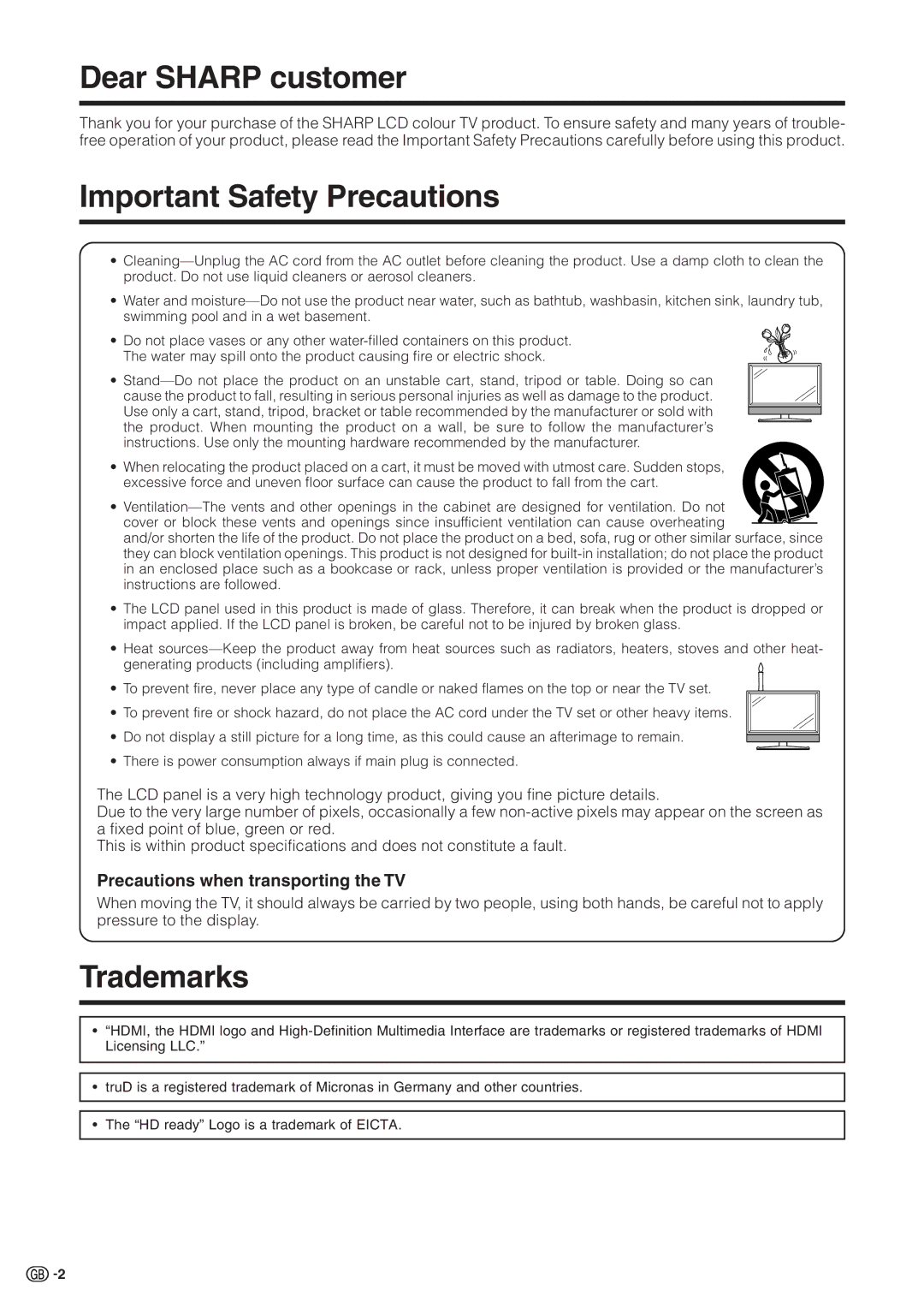 Sharp LC 32GD9E Dear Sharp customer, Important Safety Precautions, Trademarks, Precautions when transporting the TV 