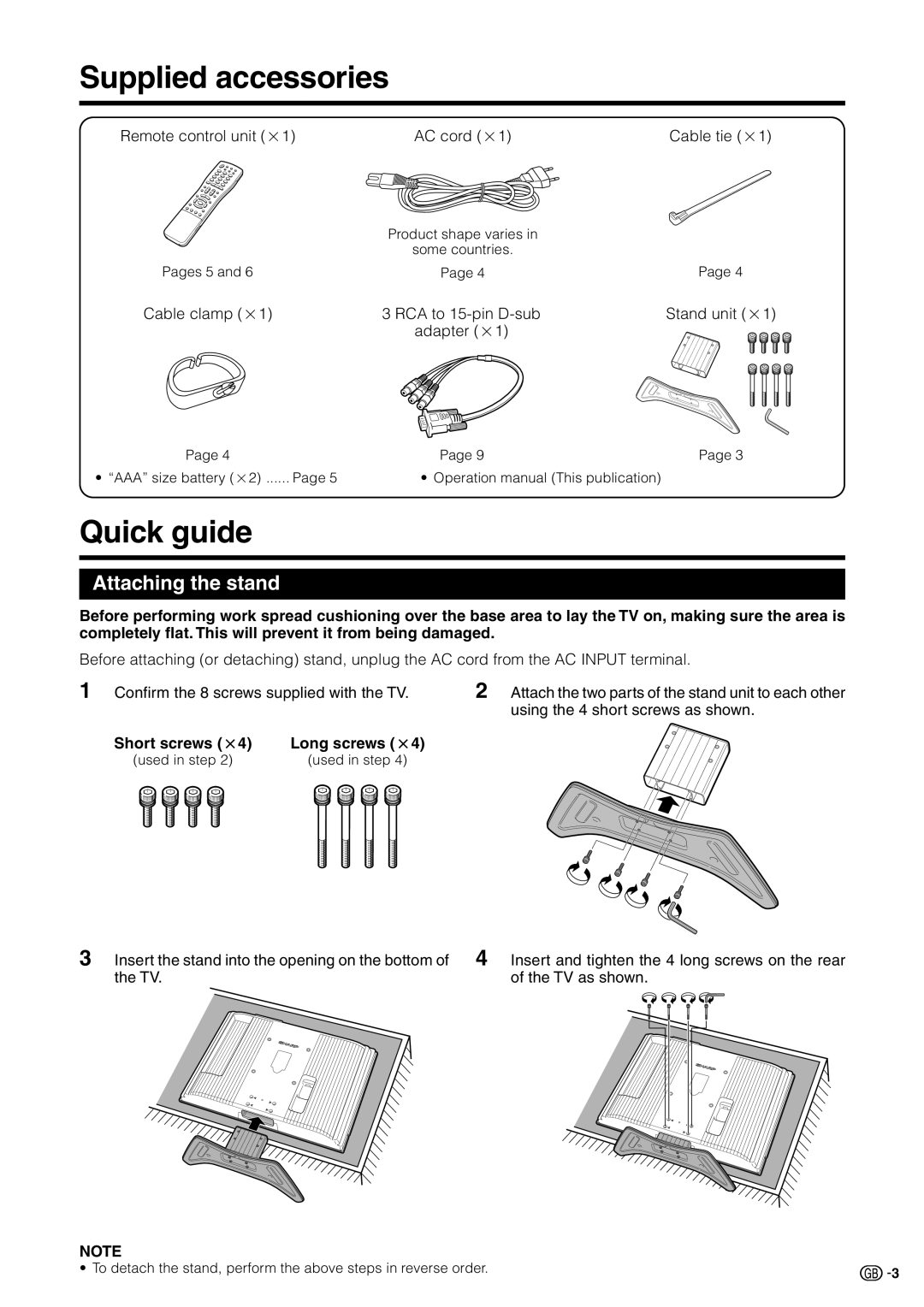 Sharp LC 32GD9E operation manual Supplied accessories, Quick guide, Attaching the stand, Short screws m4, Long screws m4 