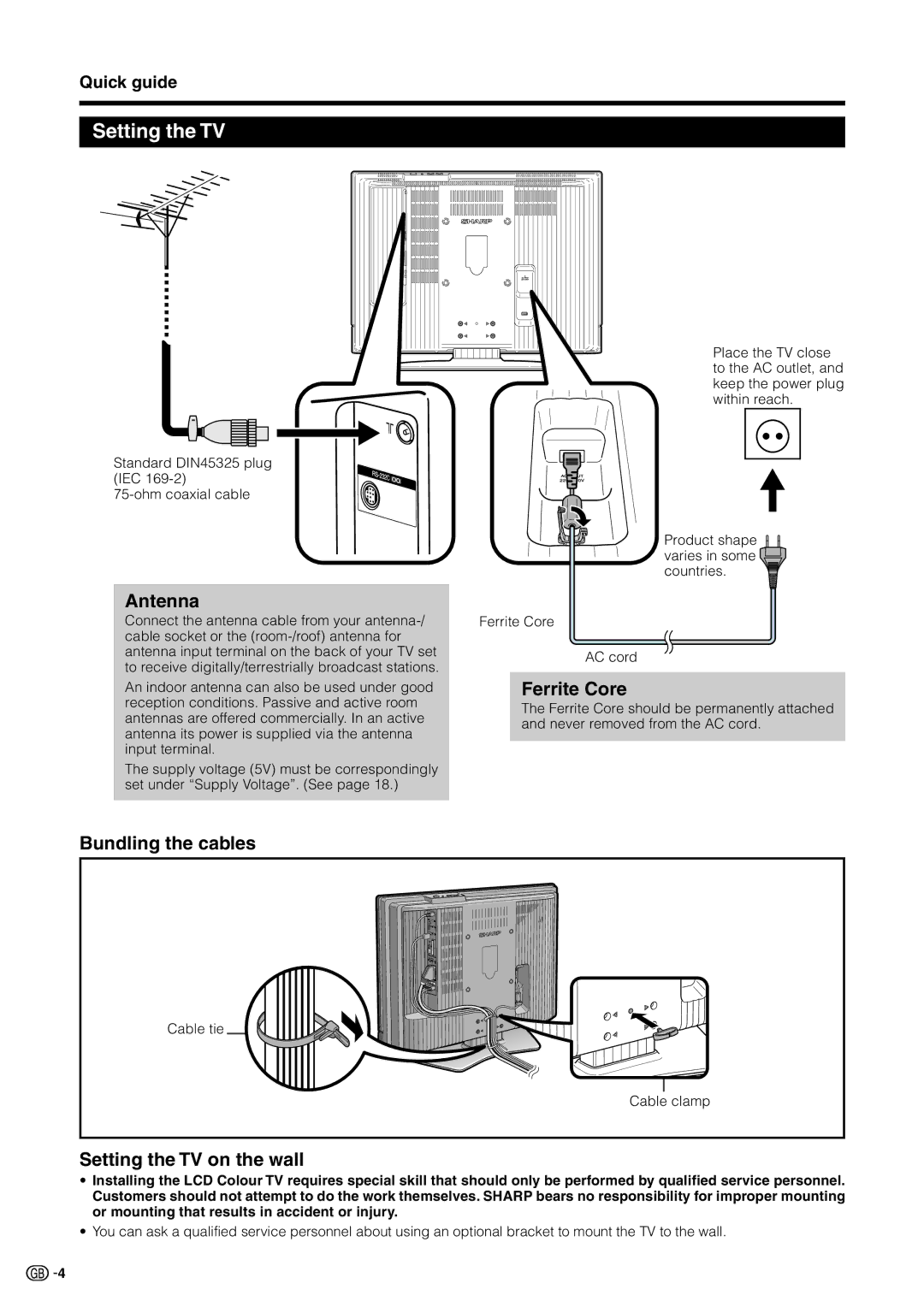 Sharp LC 32GD9E operation manual Antenna, Ferrite Core, Bundling the cables, Setting the TV on the wall 