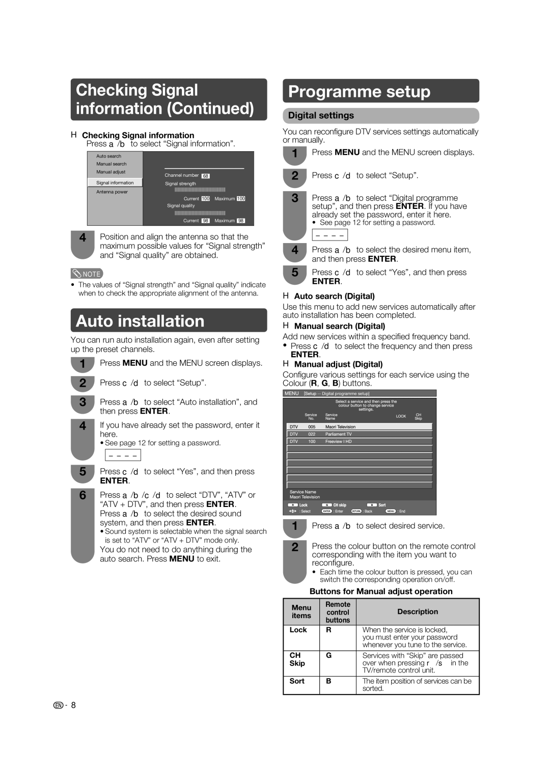 Sharp LC-32L400X operation manual Auto installation, Programme setup, Digital settings 