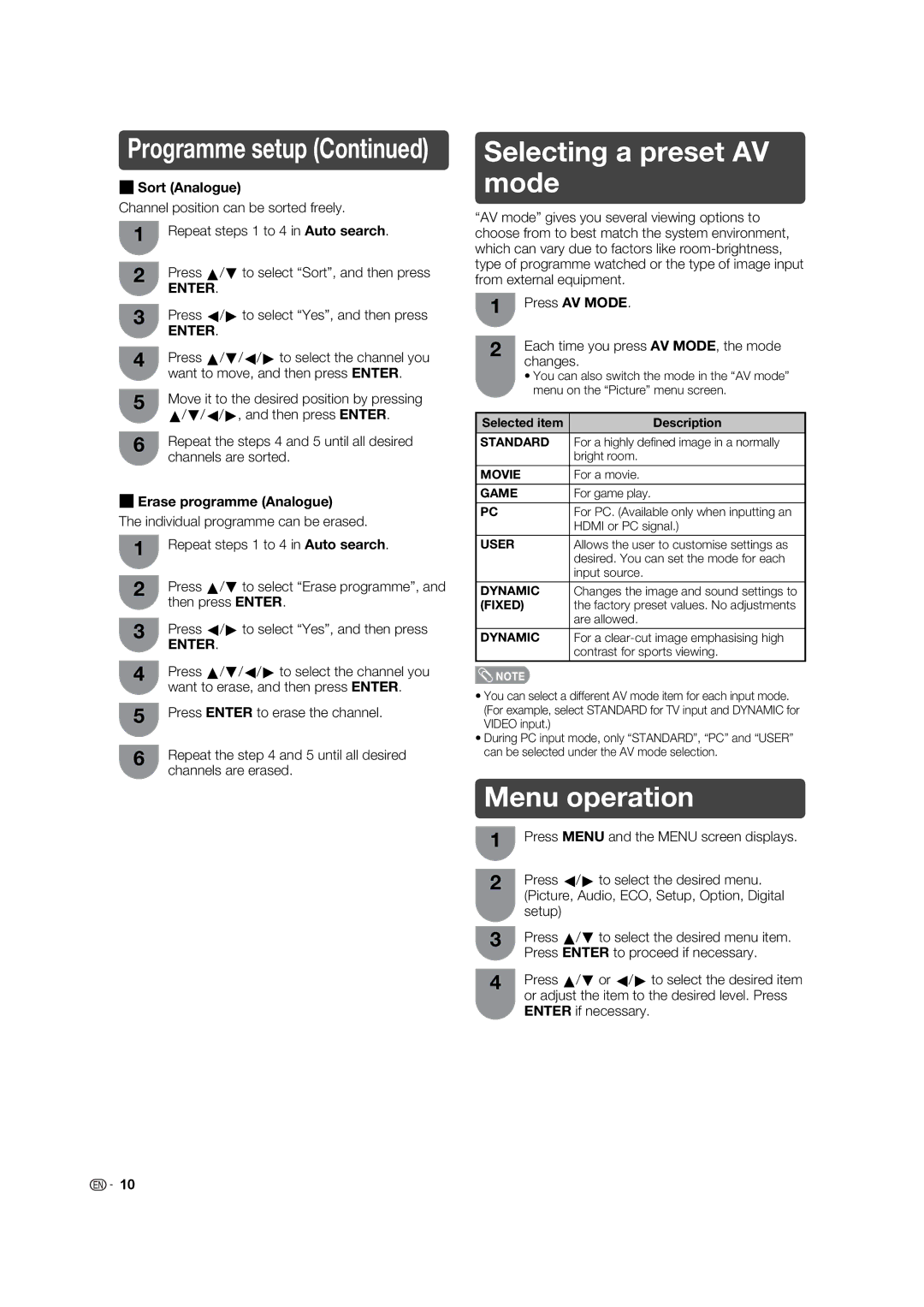 Sharp LC-32L400X operation manual Selecting a preset AV mode, Menu operation, Sort Analogue, Erase programme Analogue 