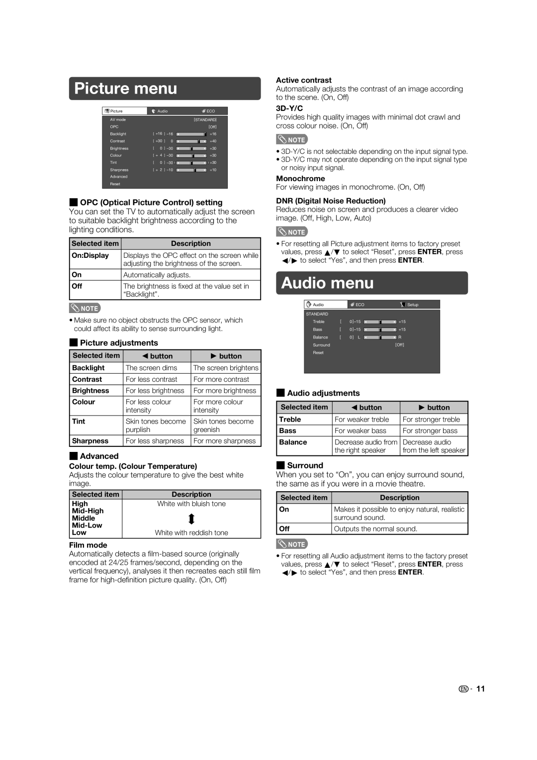 Sharp LC-32L400X operation manual Picture menu, Audio menu 