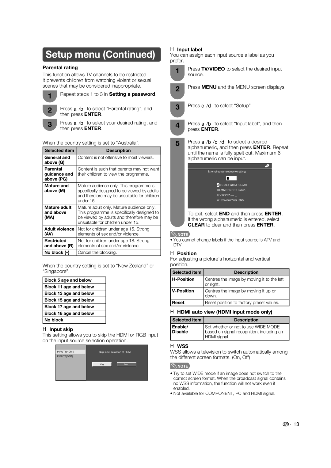 Sharp LC-32L400X operation manual Parental rating, Input skip, Input label, Position, Hdmi auto view Hdmi input mode only 