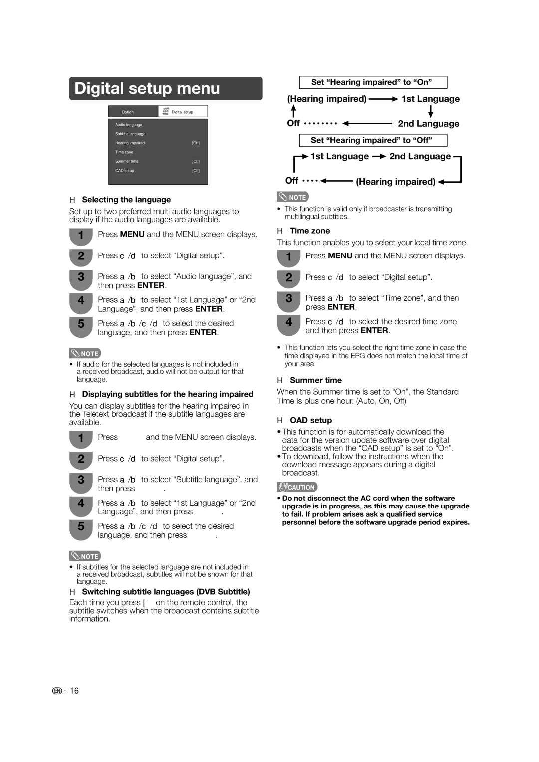 Sharp LC-32L400X operation manual Digital setup menu, Hearing impaired 1st Language Off 2nd Language 