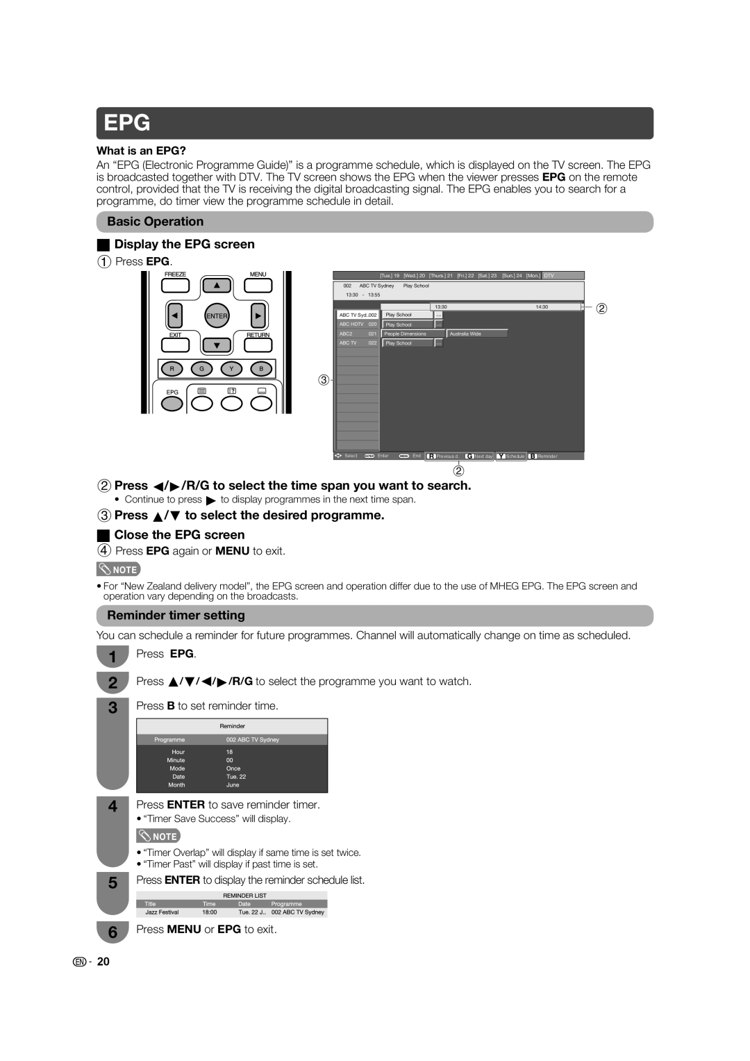 Sharp LC-32L400X Basic Operation Display the EPG screen, 2Press c/d/R/G to select the time span you want to search 