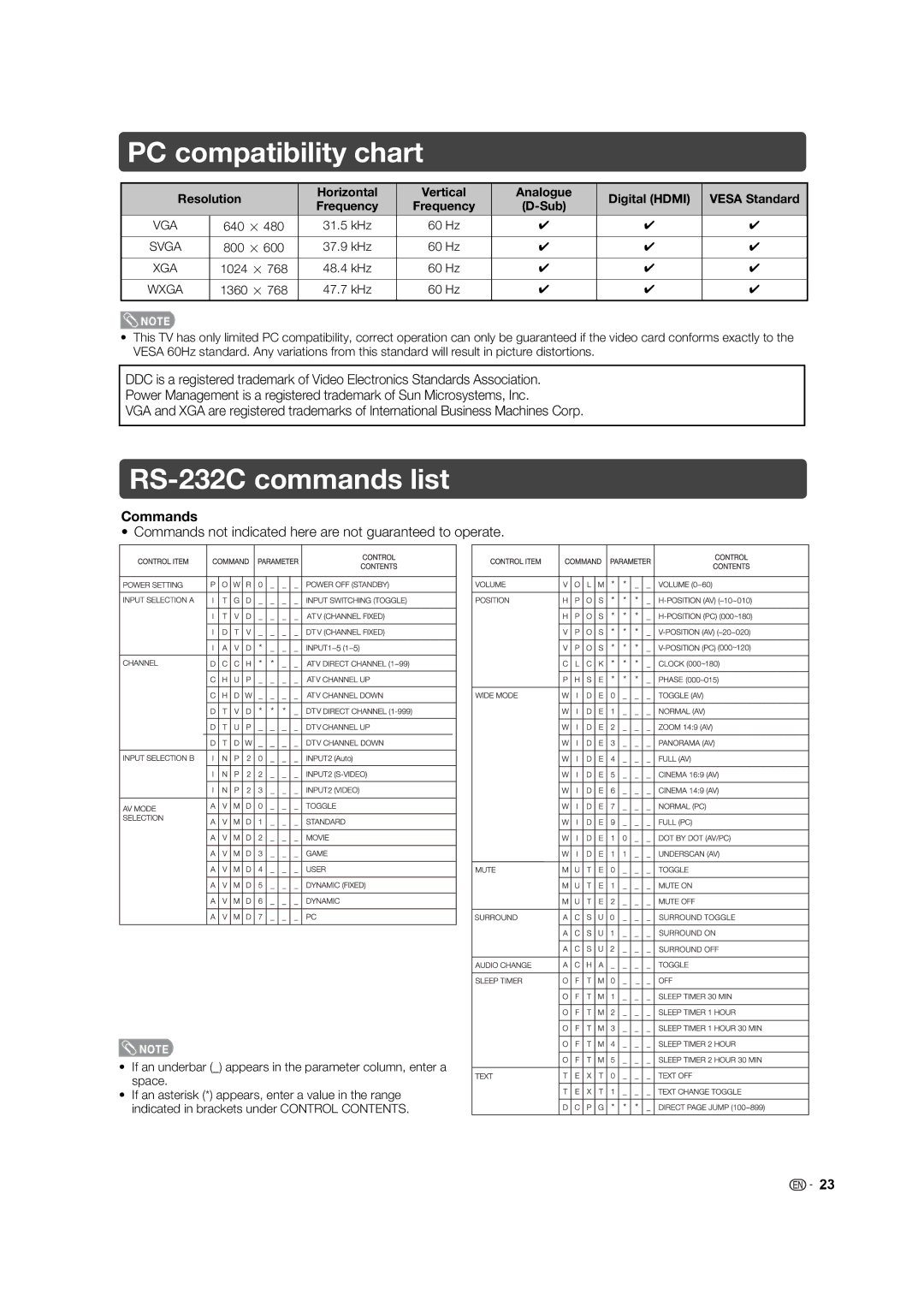 Sharp LC-32L400X operation manual PC compatibility chart, RS-232C commands list, Commands 