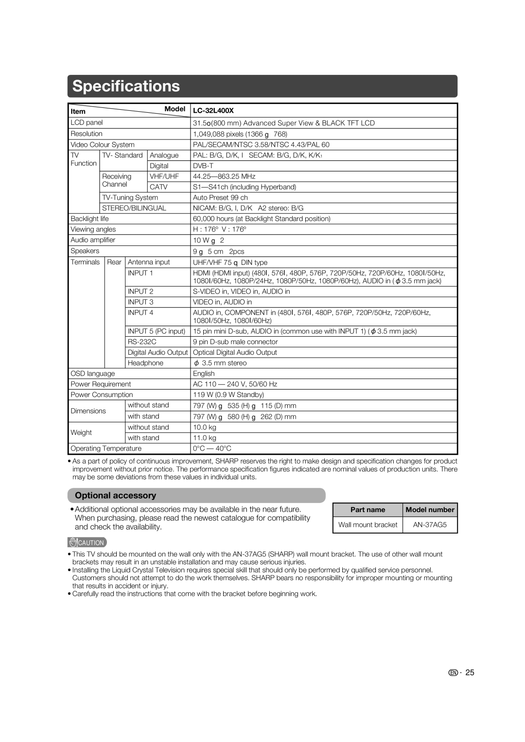 Sharp operation manual Speciﬁcations, Optional accessory, Model LC-32L400X, Part name 