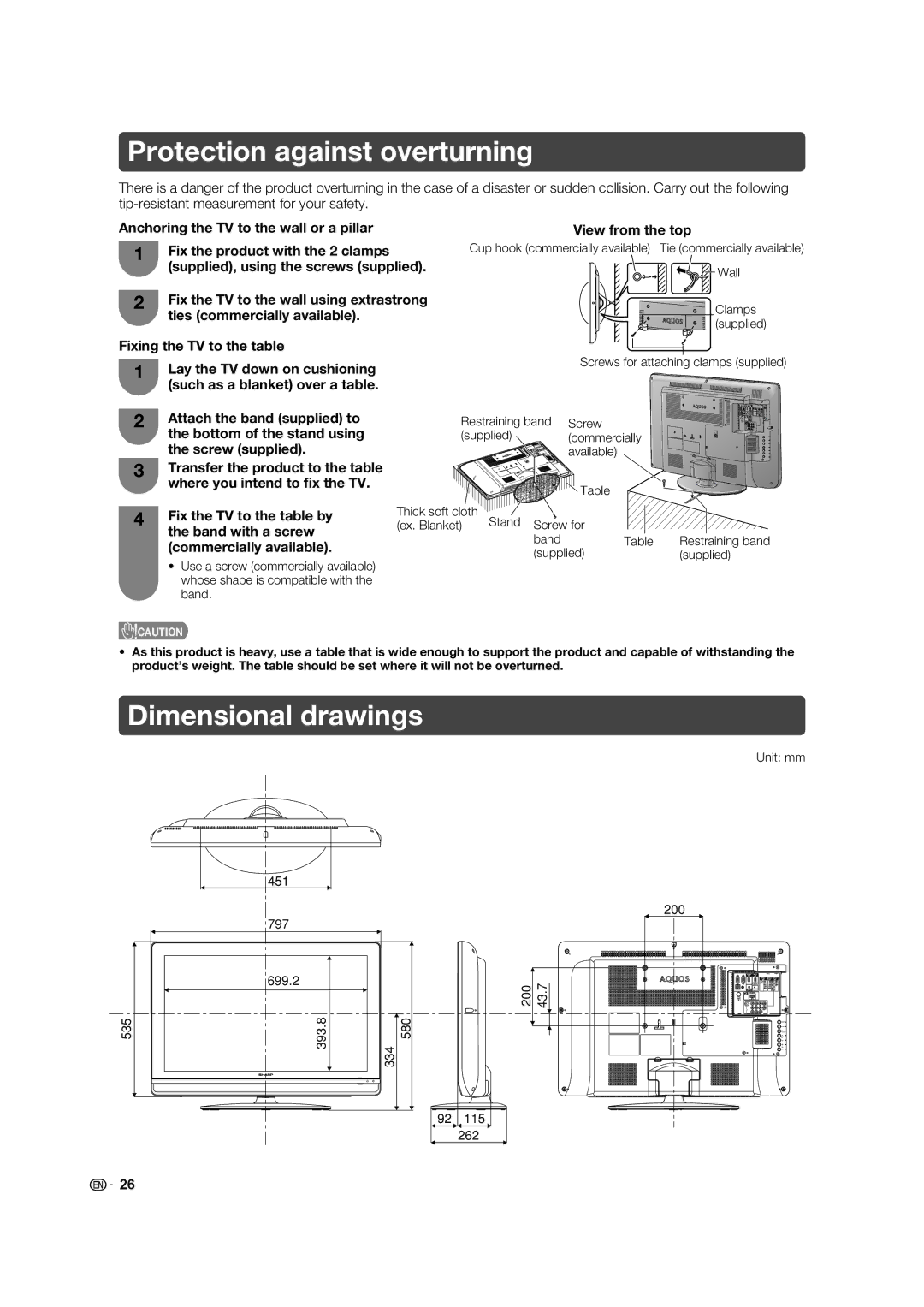 Sharp LC-32L400X operation manual Protection against overturning, Dimensional drawings 