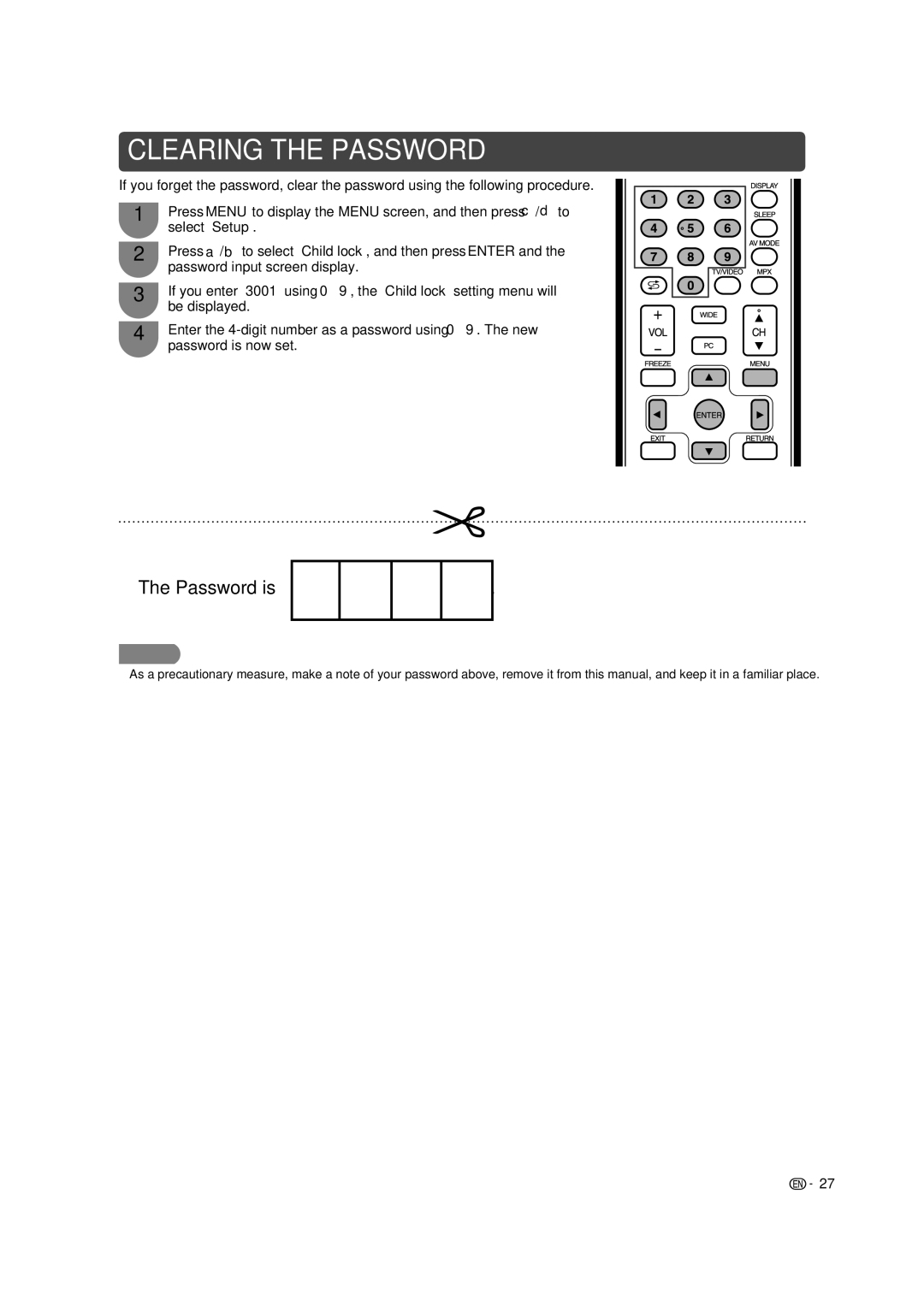 Sharp LC-32L400X operation manual Clearing the Password 