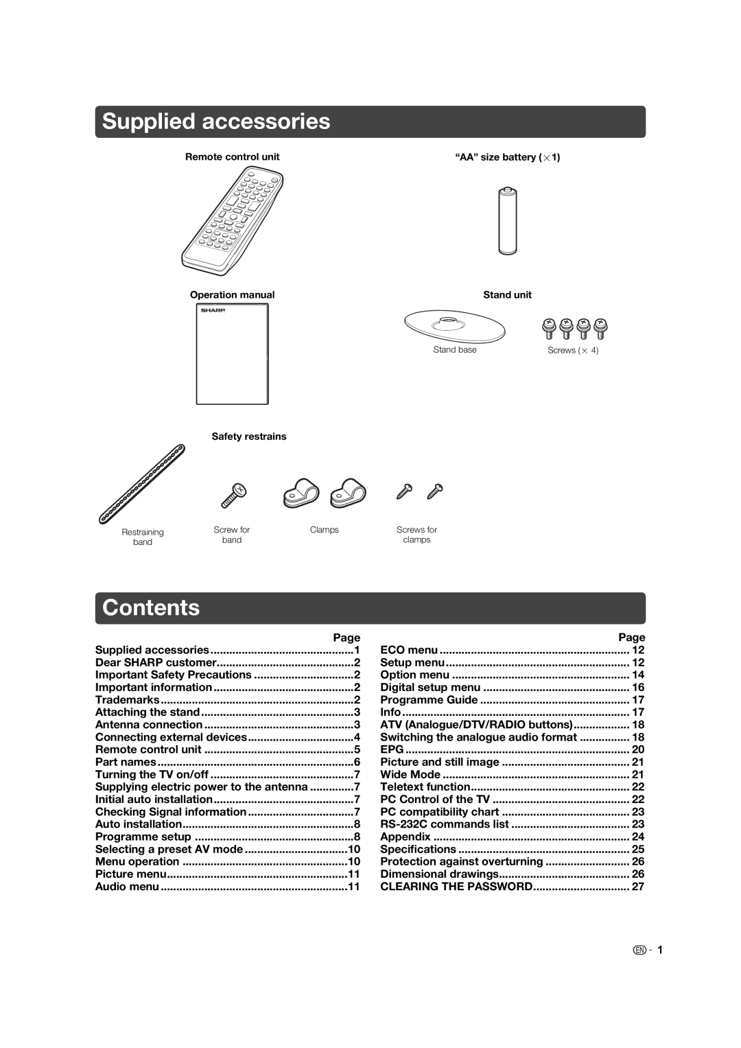 Sharp LC-32L400X operation manual Supplied accessories, Contents 