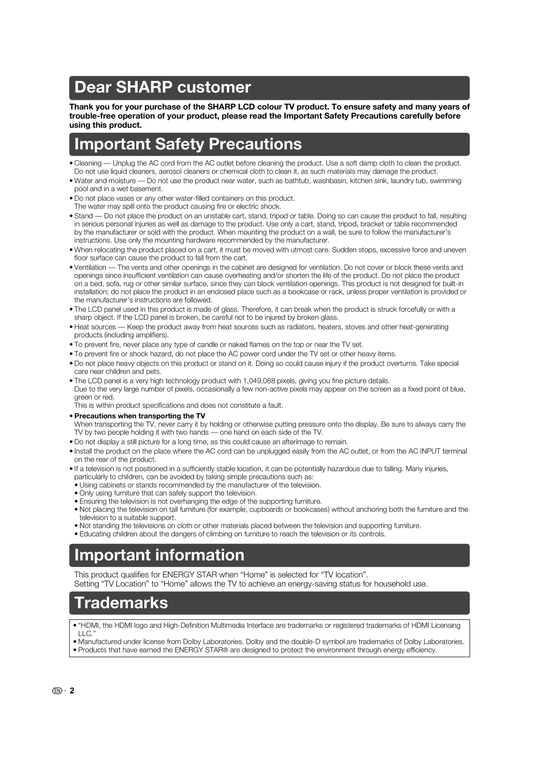 Sharp LC-32L400X operation manual Dear Sharp customer, Important Safety Precautions, Important information, Trademarks 