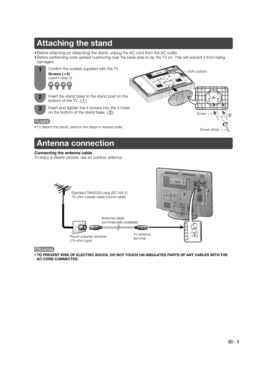 Sharp LC-32L400X operation manual Attaching the stand, Antenna connection, Connecting the antenna cable 