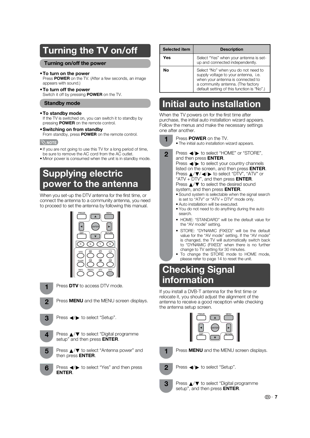 Sharp LC-32L400X operation manual Turning the TV on/off, Supplying electric power to the antenna, Initial auto installation 