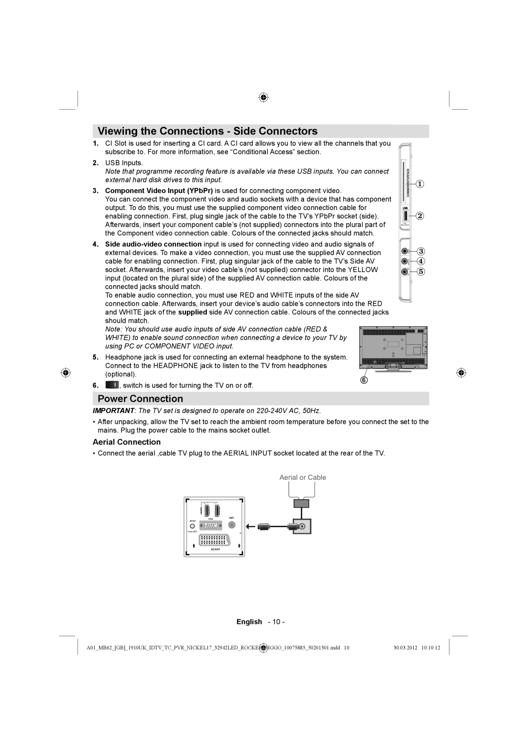 Sharp LC-32LE140E operation manual Viewing the Connections Side Connectors, Power Connection, Aerial Connection 