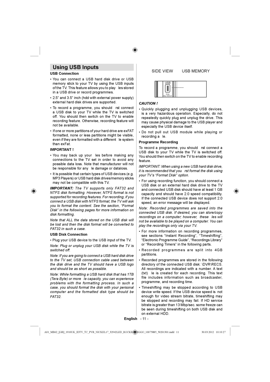 Sharp LC-32LE140E operation manual Using USB Inputs, USB Connection, USB Disk Connection, Programme Recording 