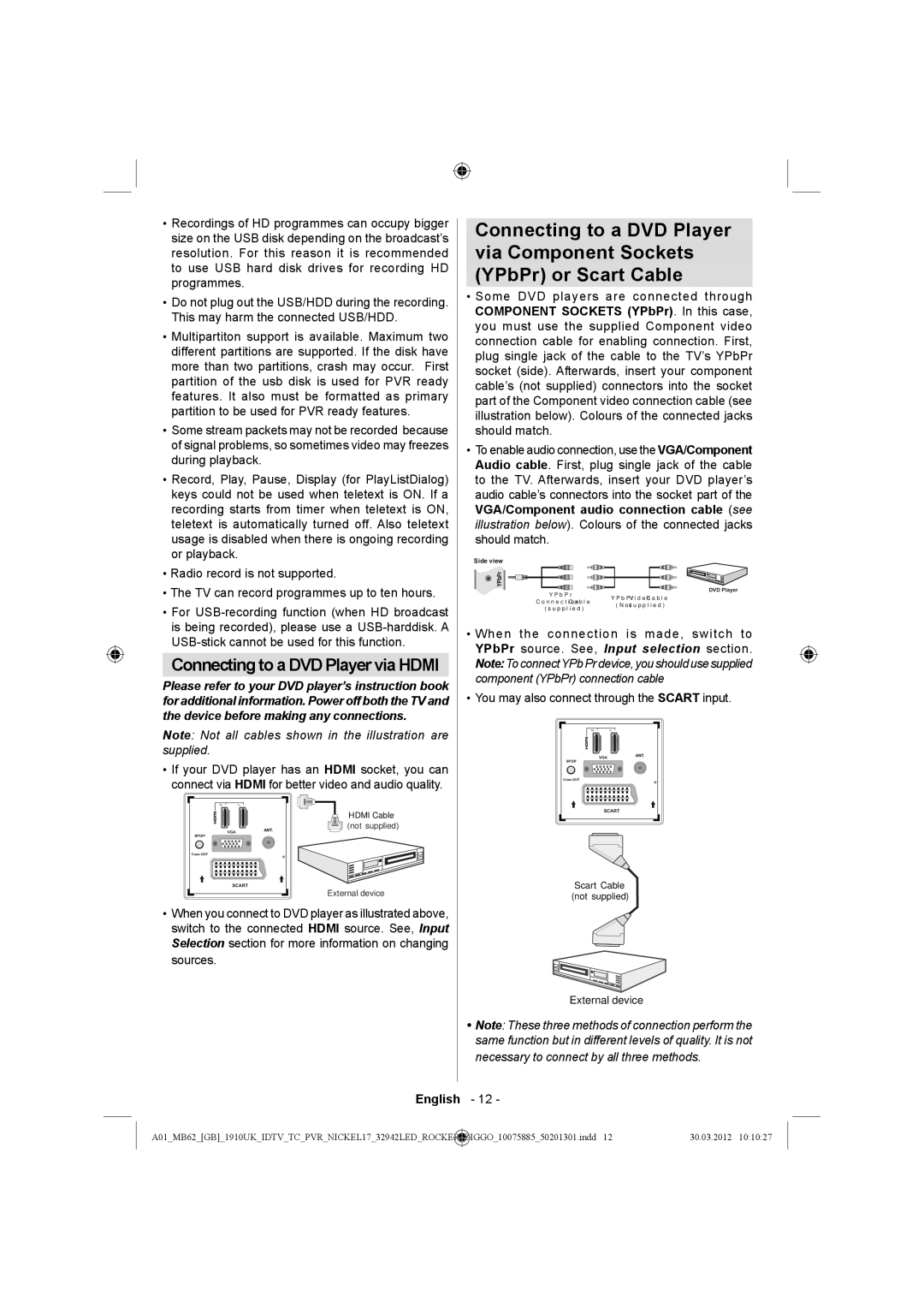 Sharp LC-32LE140E operation manual Connecting to a DVD Player via Hdmi 