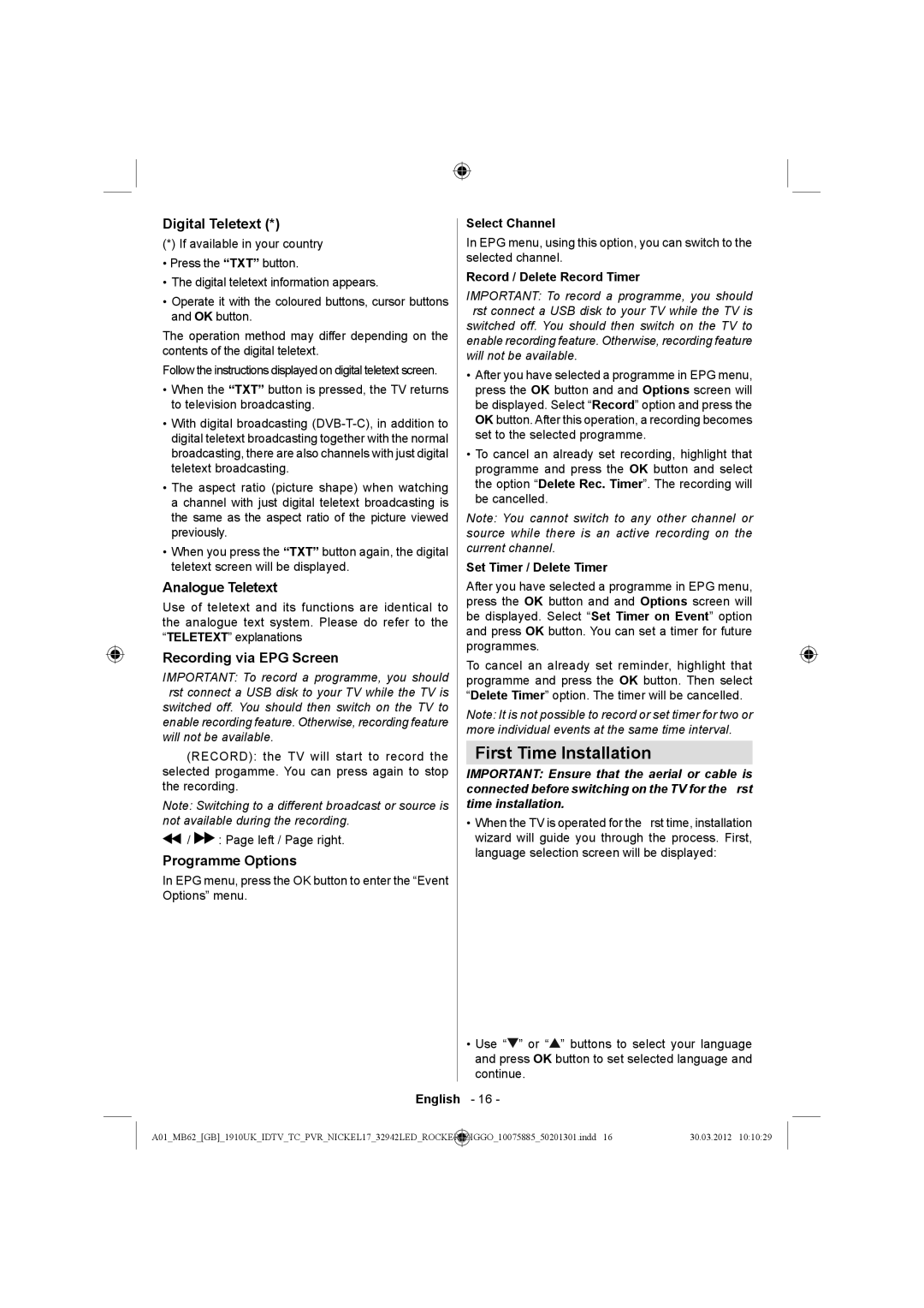 Sharp LC-32LE140E operation manual First Time Installation, Digital Teletext, Analogue Teletext, Recording via EPG Screen 