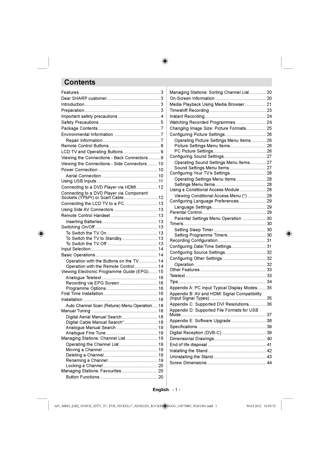 Sharp LC-32LE140E operation manual Contents 