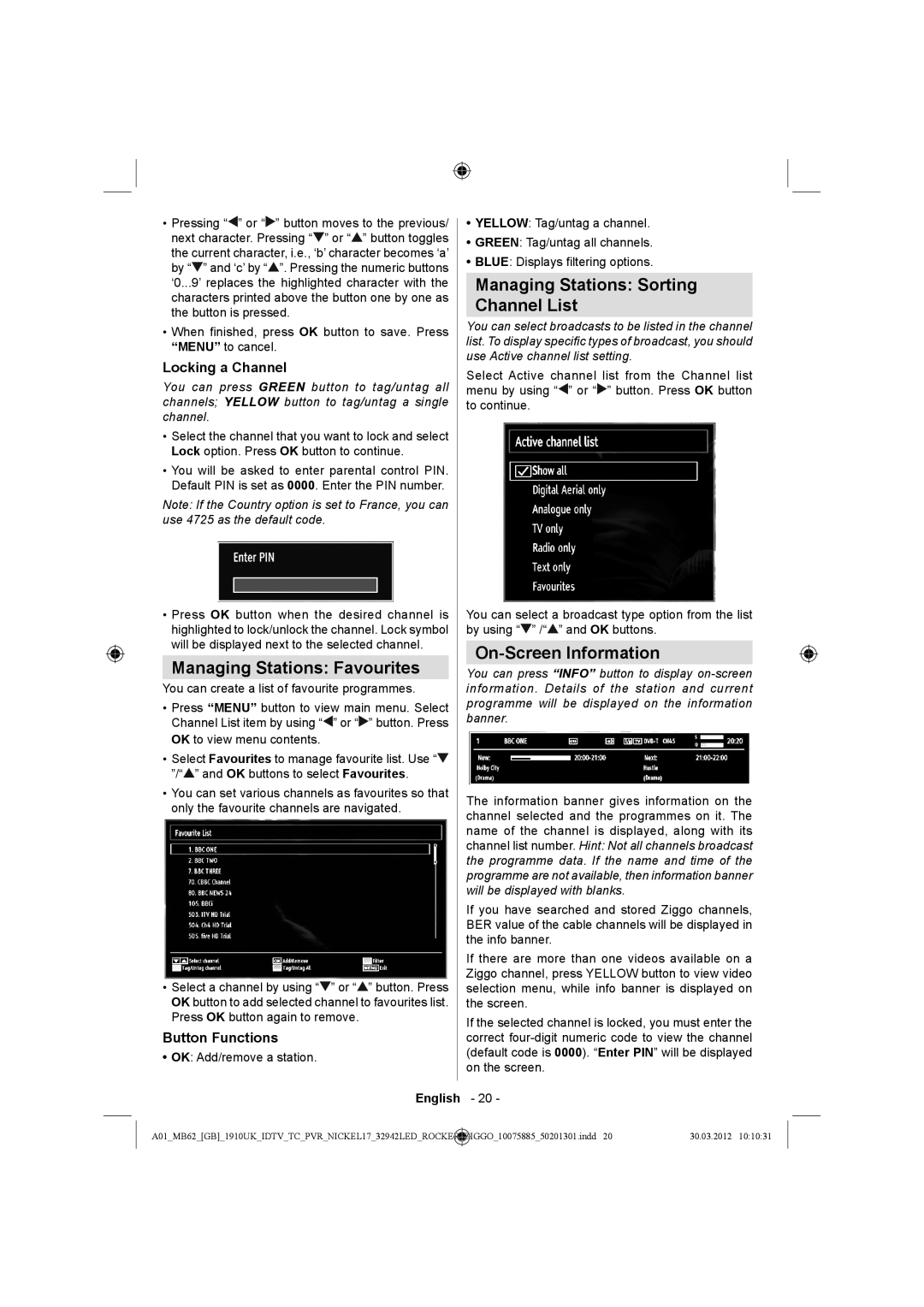 Sharp LC-32LE140E Managing Stations Favourites, Managing Stations Sorting Channel List, On-Screen Information 