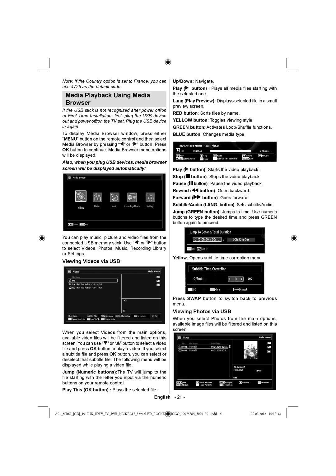 Sharp LC-32LE140E operation manual Media Playback Using Media Browser, Viewing Videos via USB, Viewing Photos via USB 