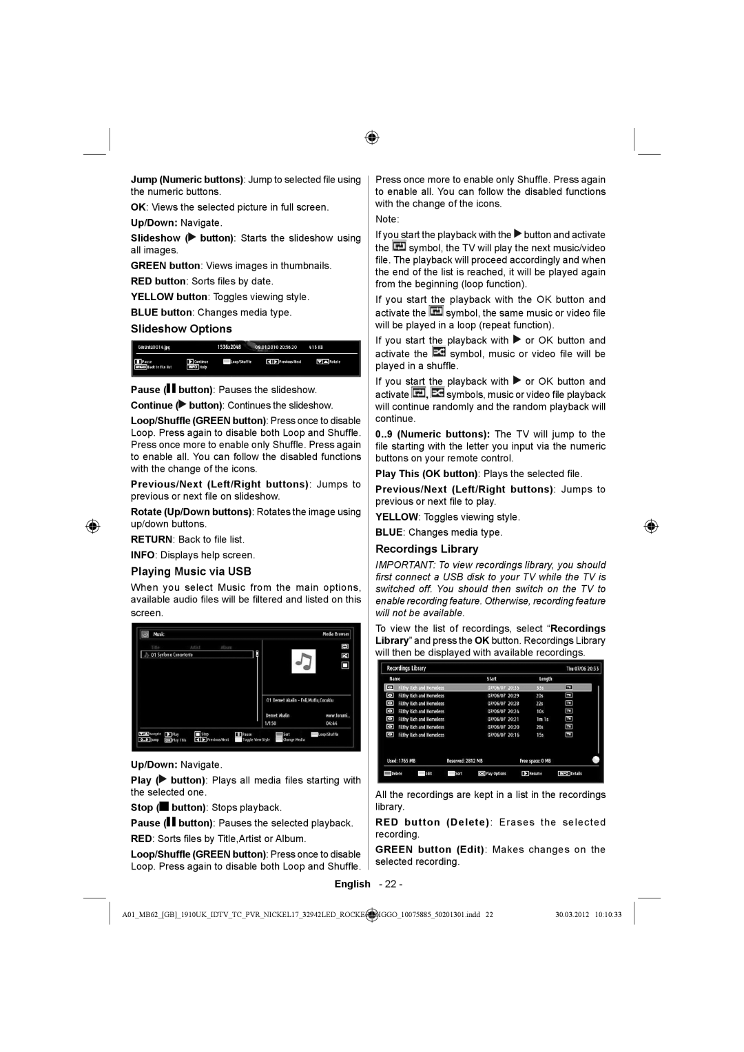 Sharp LC-32LE140E operation manual Slideshow Options, Playing Music via USB, Recordings Library 