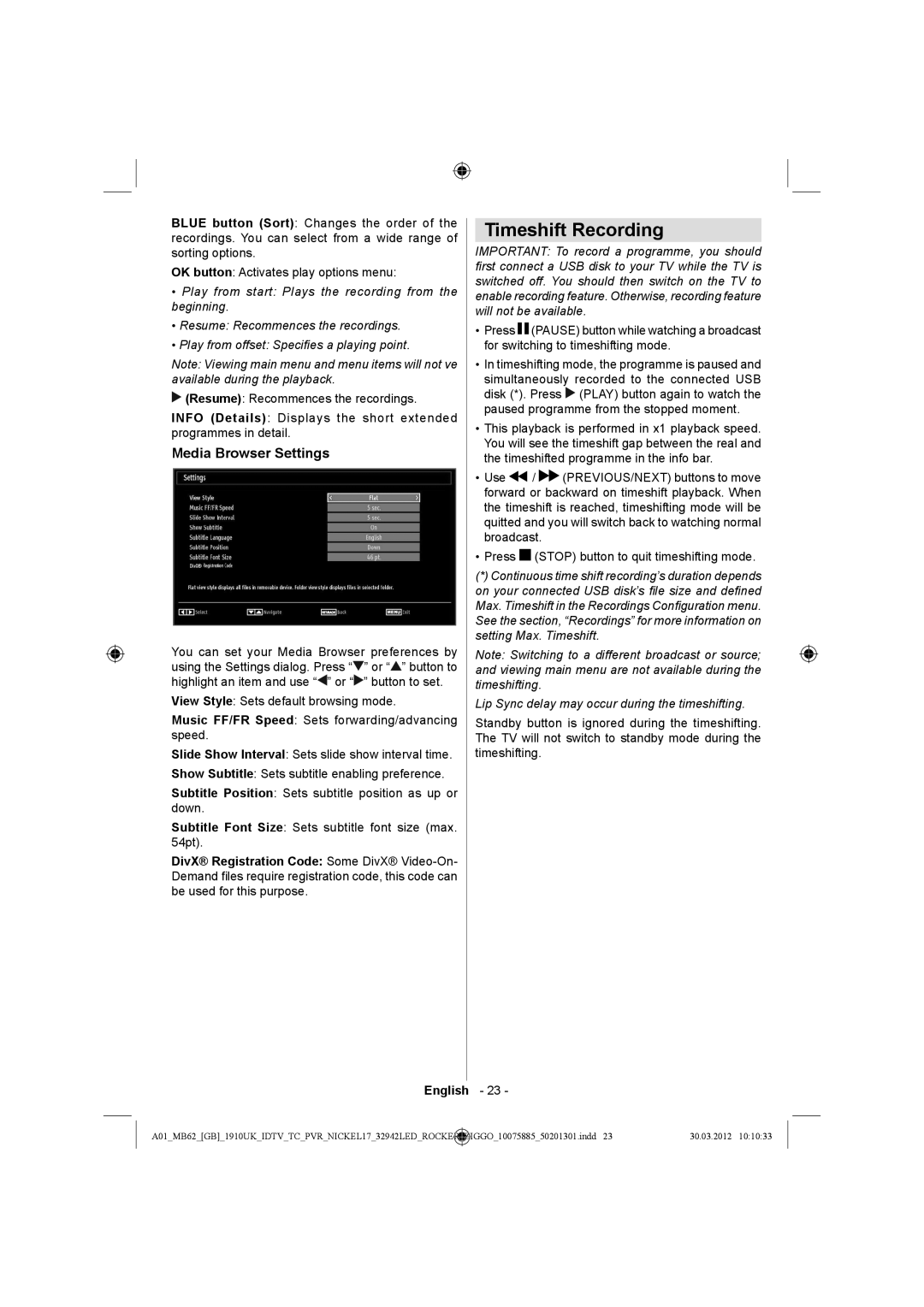 Sharp LC-32LE140E operation manual Timeshift Recording, Media Browser Settings 