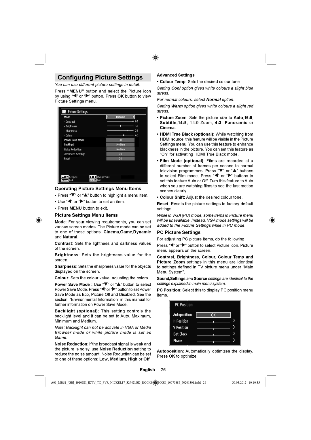 Sharp LC-32LE140E operation manual Conﬁguring Picture Settings, Operating Picture Settings Menu Items, PC Picture Settings 