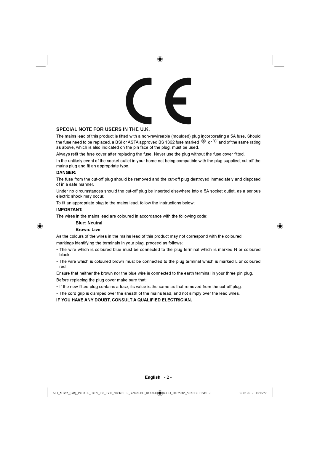 Sharp LC-32LE140E operation manual Special Note for Users in the U.K, Blue Neutral Brown Live 