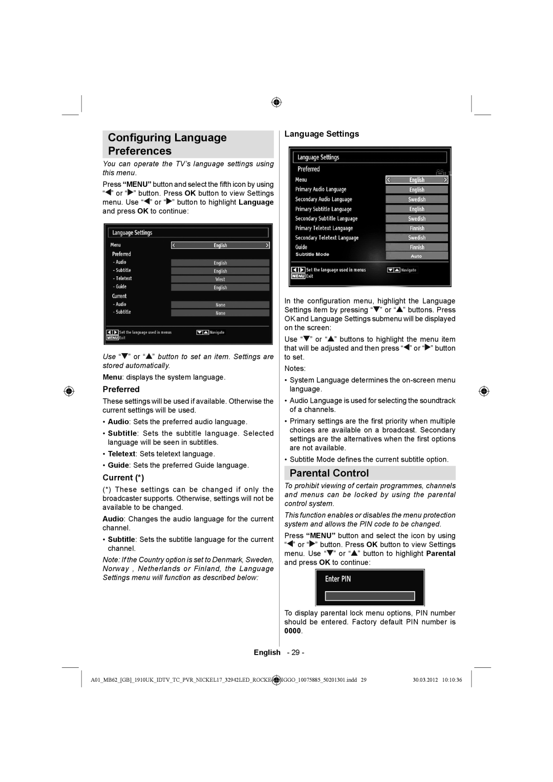 Sharp LC-32LE140E operation manual Conﬁguring Language Preferences, Parental Control, Preferred, Current, Language Settings 