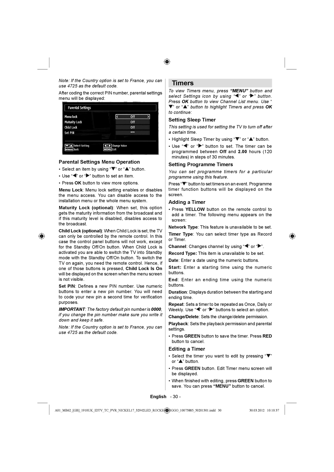 Sharp LC-32LE140E operation manual Timers 